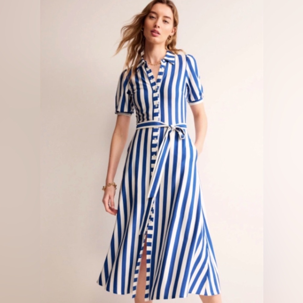 BODEN WOMENS LIBBY JERSEY MIDI SHIRT DRESS BUTTON DOWN BELTED STRIPED SIZE 6